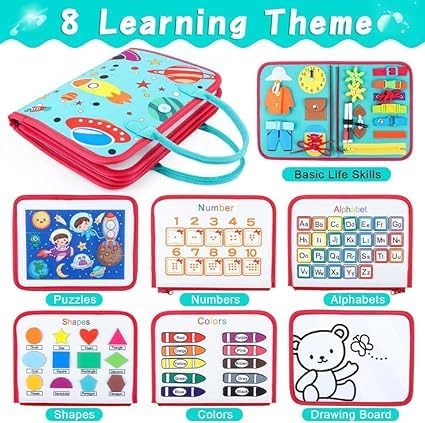 Tablero de actividades espaciales 6 en 1 para niños pequeños: libro de aprendizaje sensorial con habilidades para la vida, colores, formas, interruptores y botones - CA356-5