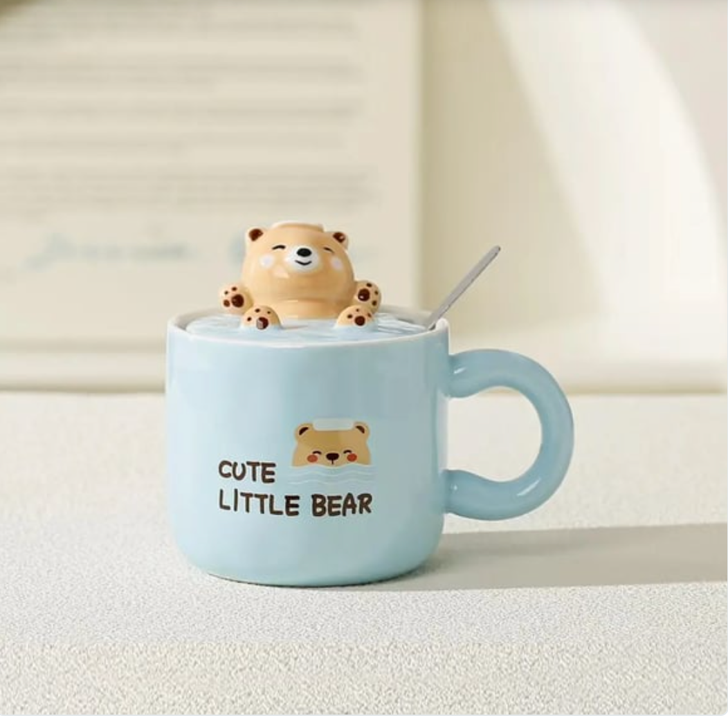 Cute Little Bear Ceramic Mug with Lid & Spoon