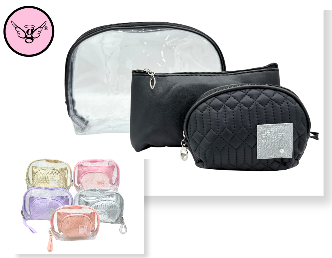 3-Piece Quilted & Transparent Cosmetic Bag Set