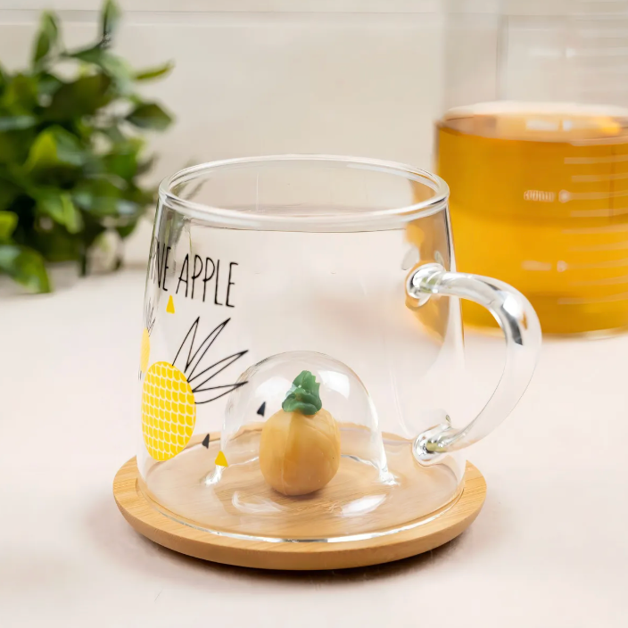Pineapple Glass Cup With Bamboo Lid (M-002)