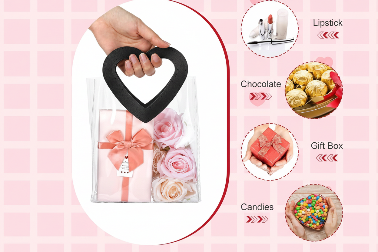 Bolsa de regalo de PVC transparente con forma de corazón y asa / 597-12