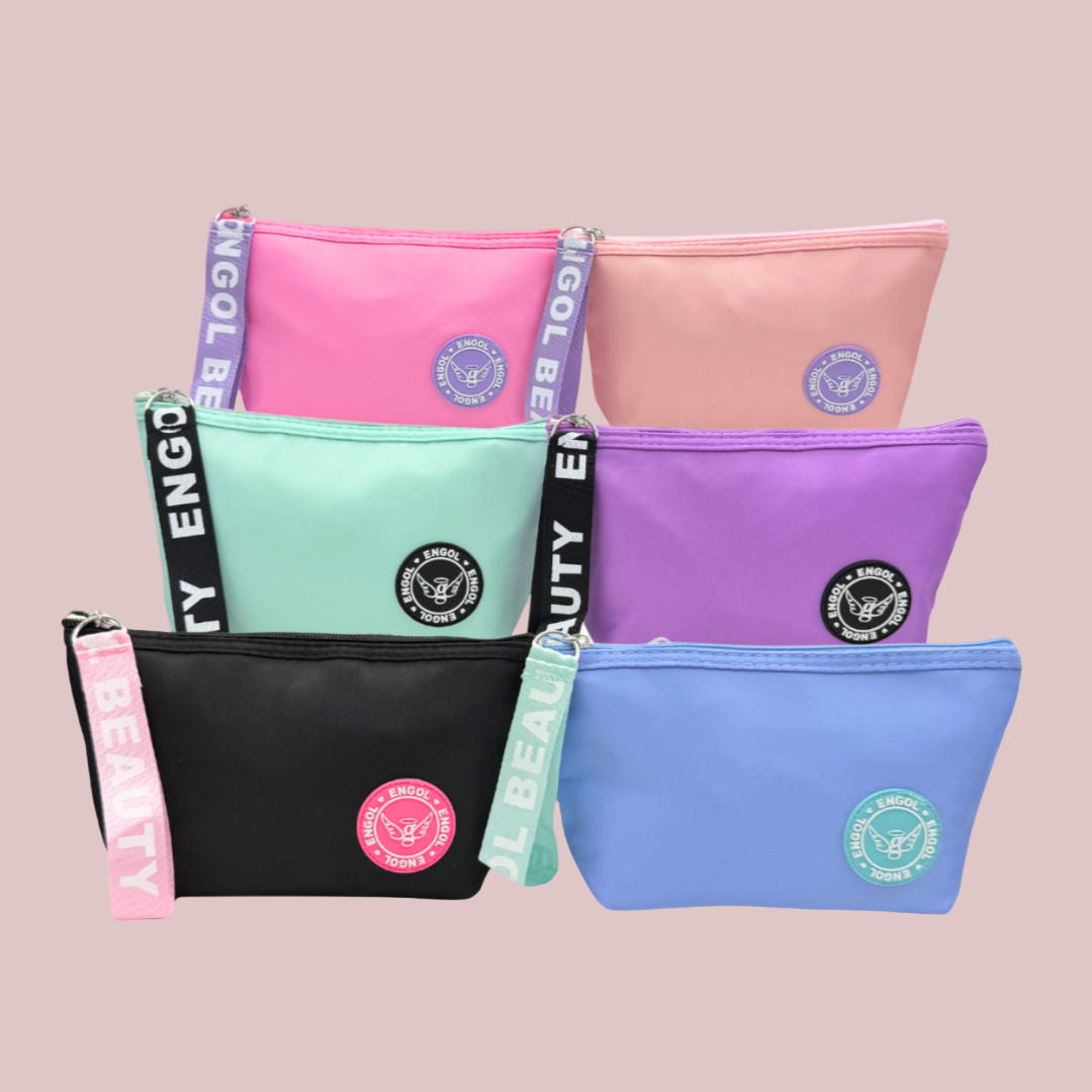 Set of colorful pouches with visible brand logo on a pink background