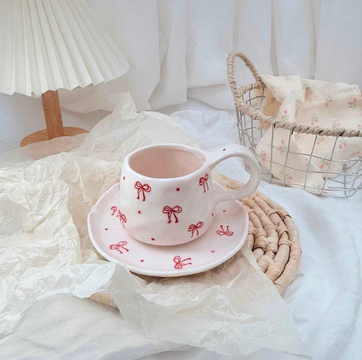 Bow Ceramic Mug with Saucer – Cute Aesthetic Tea Cup (CA450)