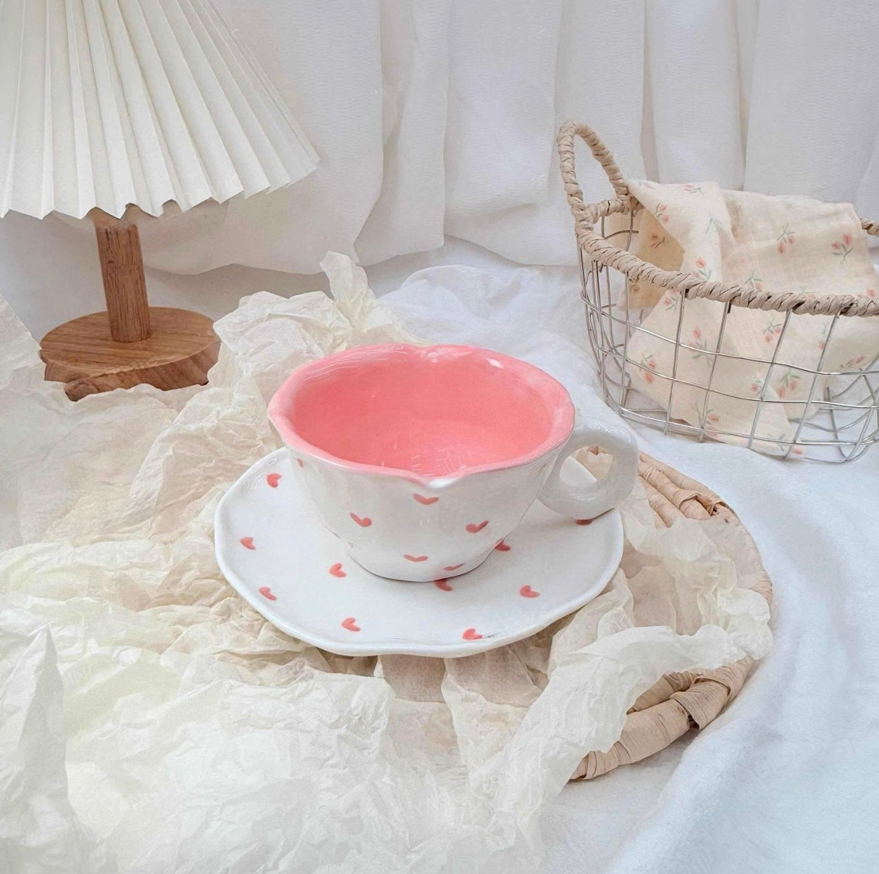Cute Ceramic Mug with Saucer – Pink Heart Design (CA449)