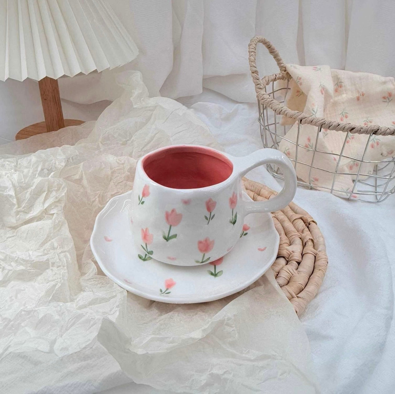 Flower Ceramic Mug with Saucer – Pastel Floral Design (CA451)