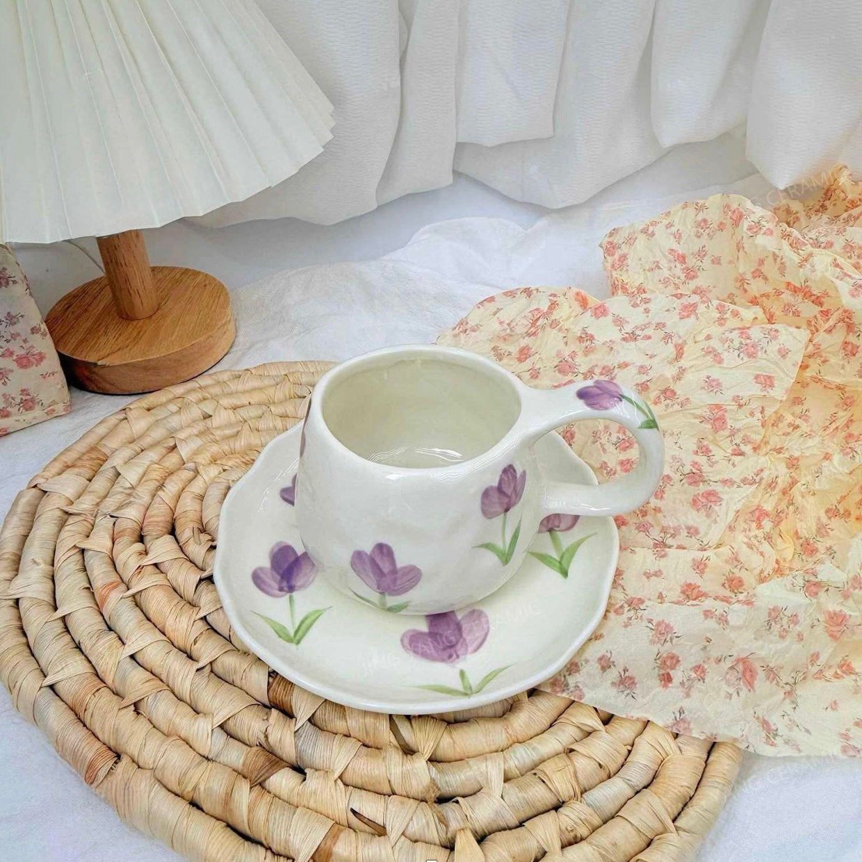 Purple Flower Ceramic Mug with Saucer (CA447)