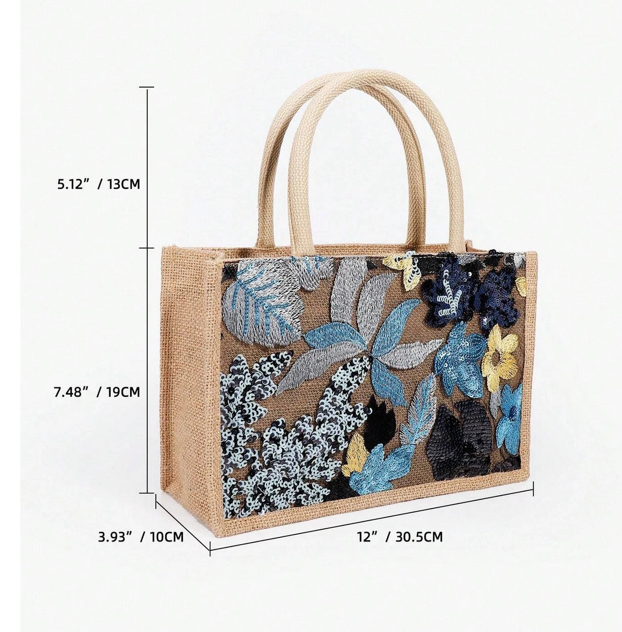 Bolsa de arpillera con bordado floral azul y lentejuelas - CA154-1