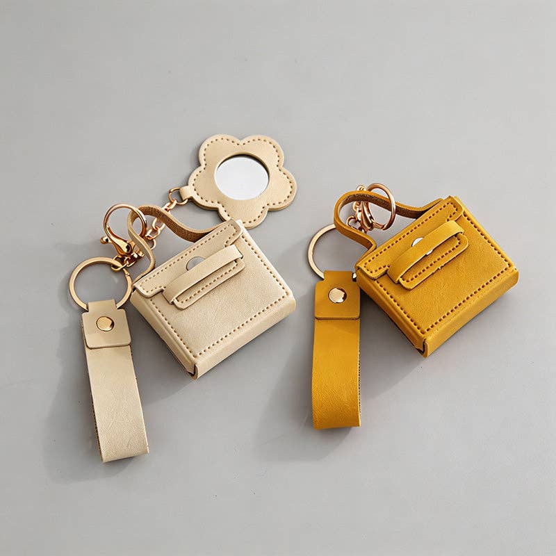 Mini Faux Leather Pouch Keychain with Flower Mirror