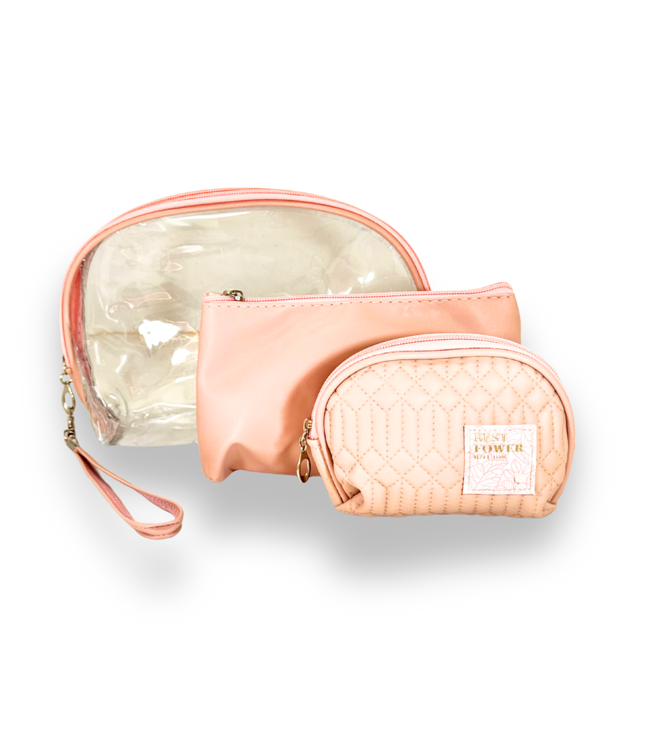 3-Pcs Quilted & Transparent Cosmetic Bag Set