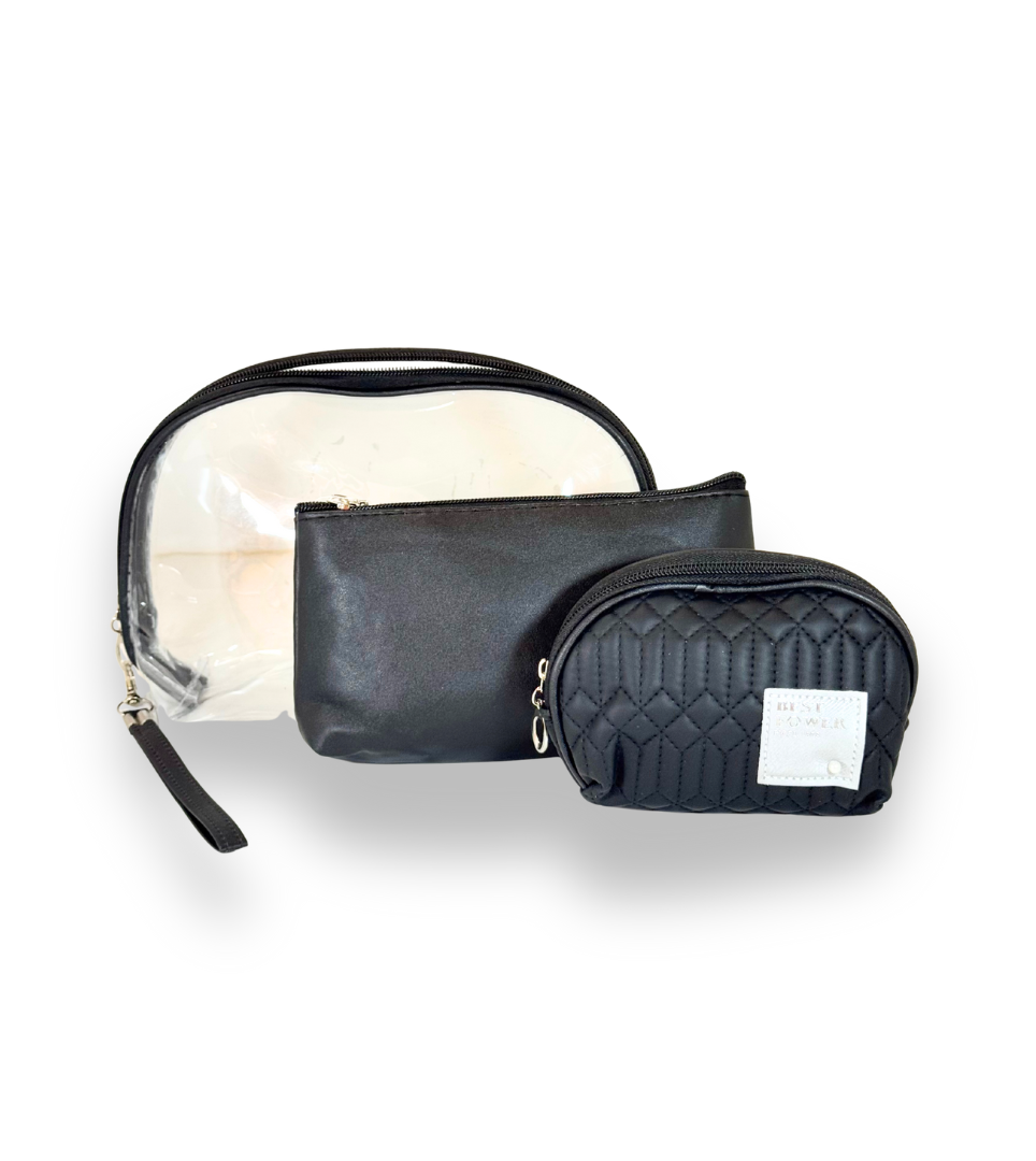 3-Pcs Quilted & Transparent Cosmetic Bag Set