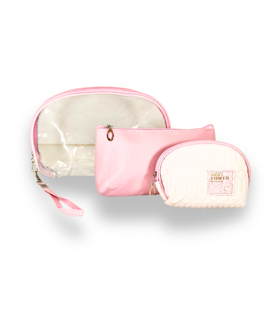 3-Pcs Quilted & Transparent Cosmetic Bag Set