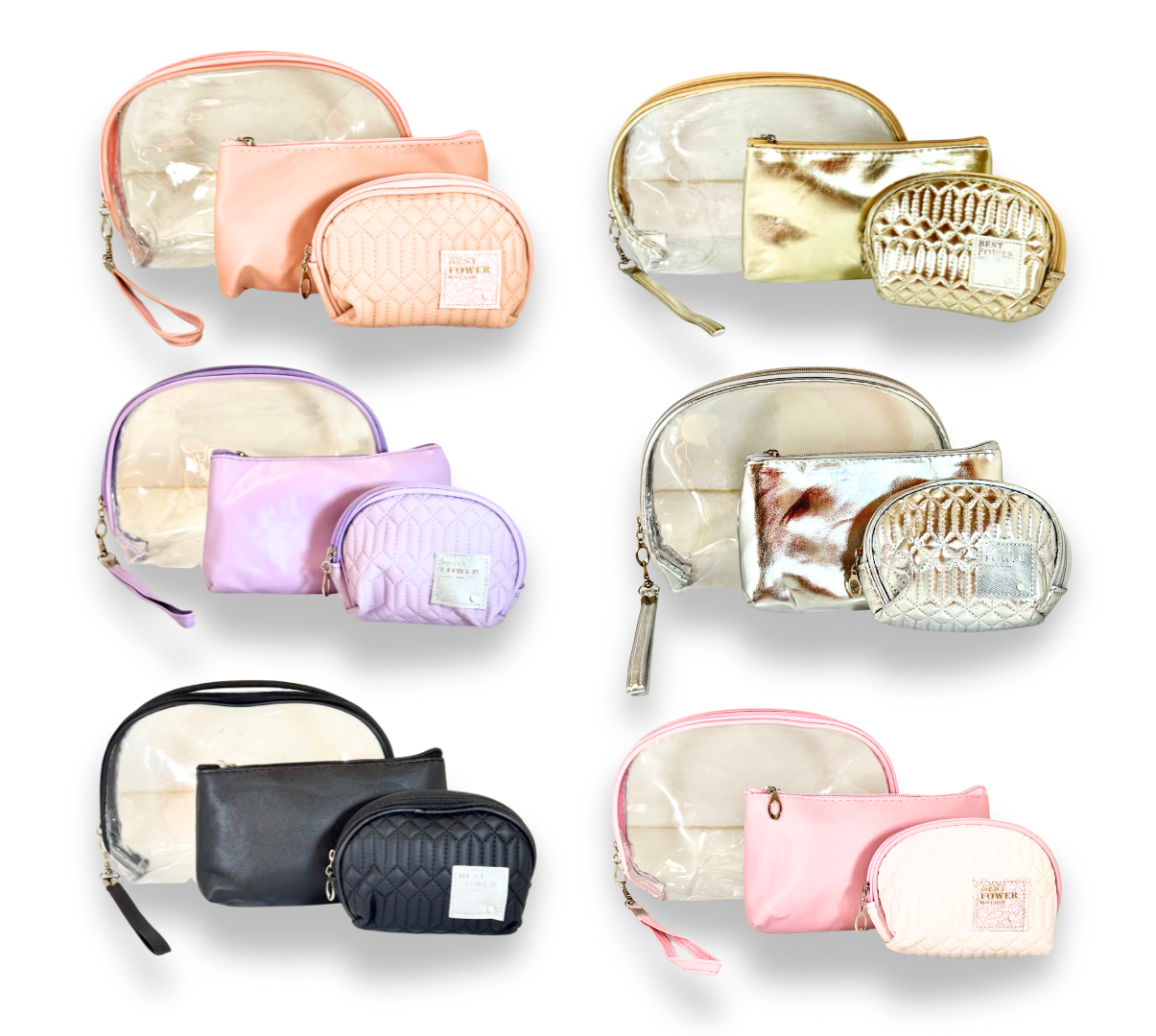 3-Pcs Quilted & Transparent Cosmetic Bag Set