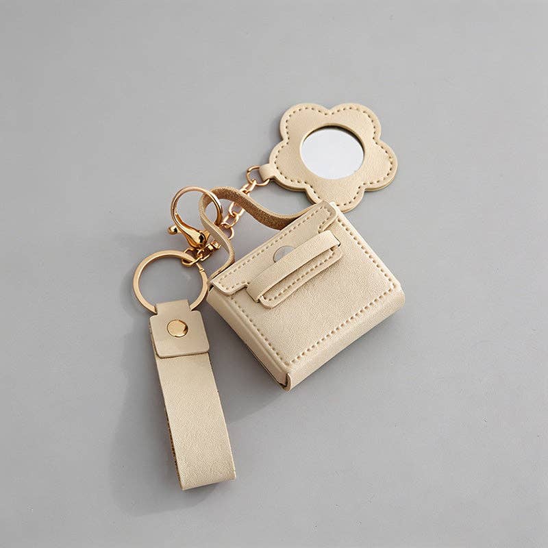 Mini Faux Leather Pouch Keychain with Flower Mirror