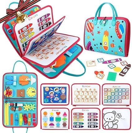 Tablero de actividades espaciales 6 en 1 para niños pequeños: libro de aprendizaje sensorial con habilidades para la vida, colores, formas, interruptores y botones - CA356-5