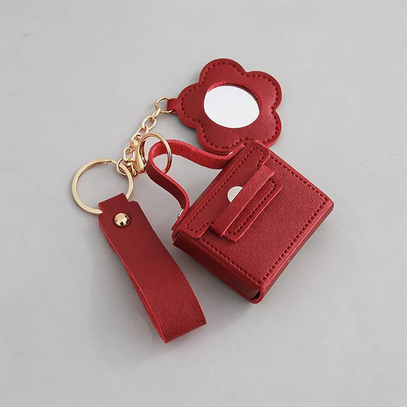 Mini Faux Leather Pouch Keychain with Flower Mirror
