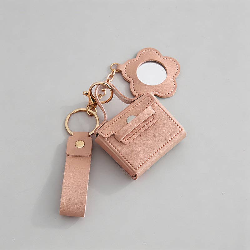 Mini Faux Leather Pouch Keychain with Flower Mirror