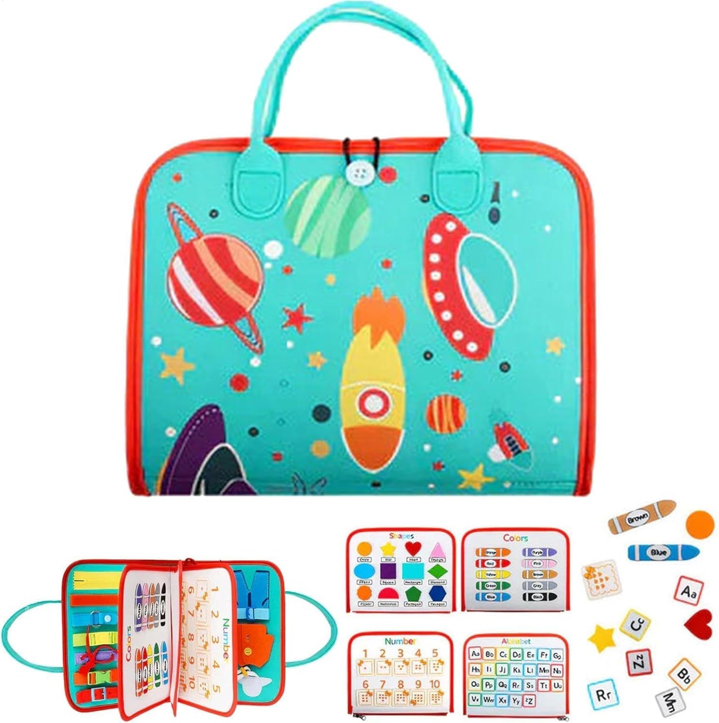 Tablero de actividades espaciales 6 en 1 para niños pequeños: libro de aprendizaje sensorial con habilidades para la vida, colores, formas, interruptores y botones - CA356-5