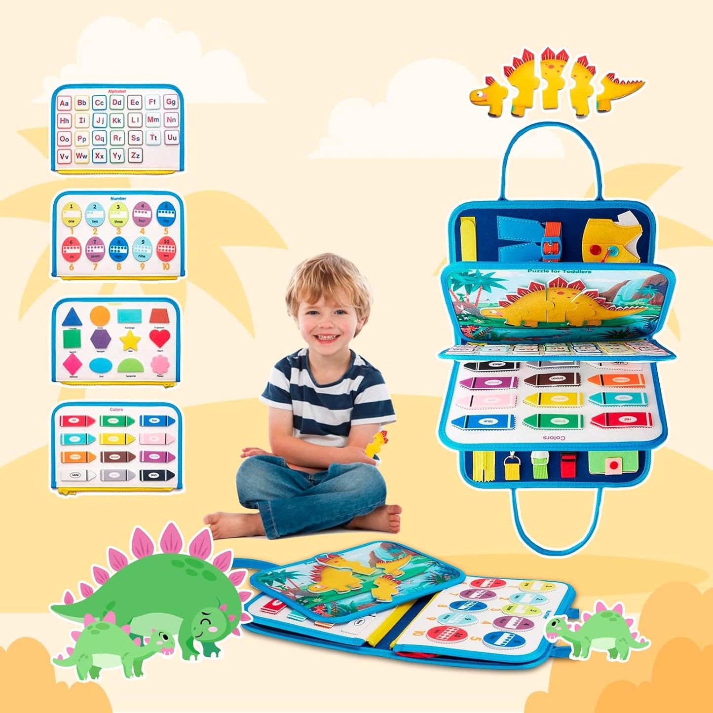 Tablero de actividades de dinosaurios 6 en 1 para niños pequeños: libro de aprendizaje sensorial con habilidades para la vida, colores, formas, interruptores y botones - CA356-4