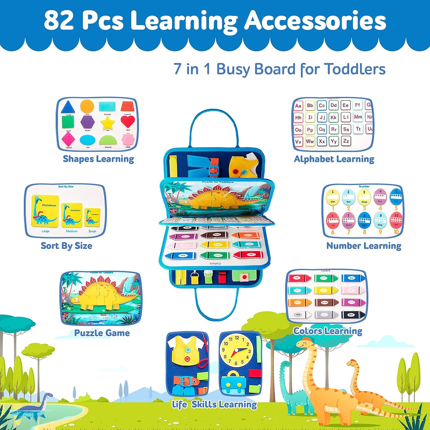 Tablero de actividades de dinosaurios 6 en 1 para niños pequeños: libro de aprendizaje sensorial con habilidades para la vida, colores, formas, interruptores y botones - CA356-4