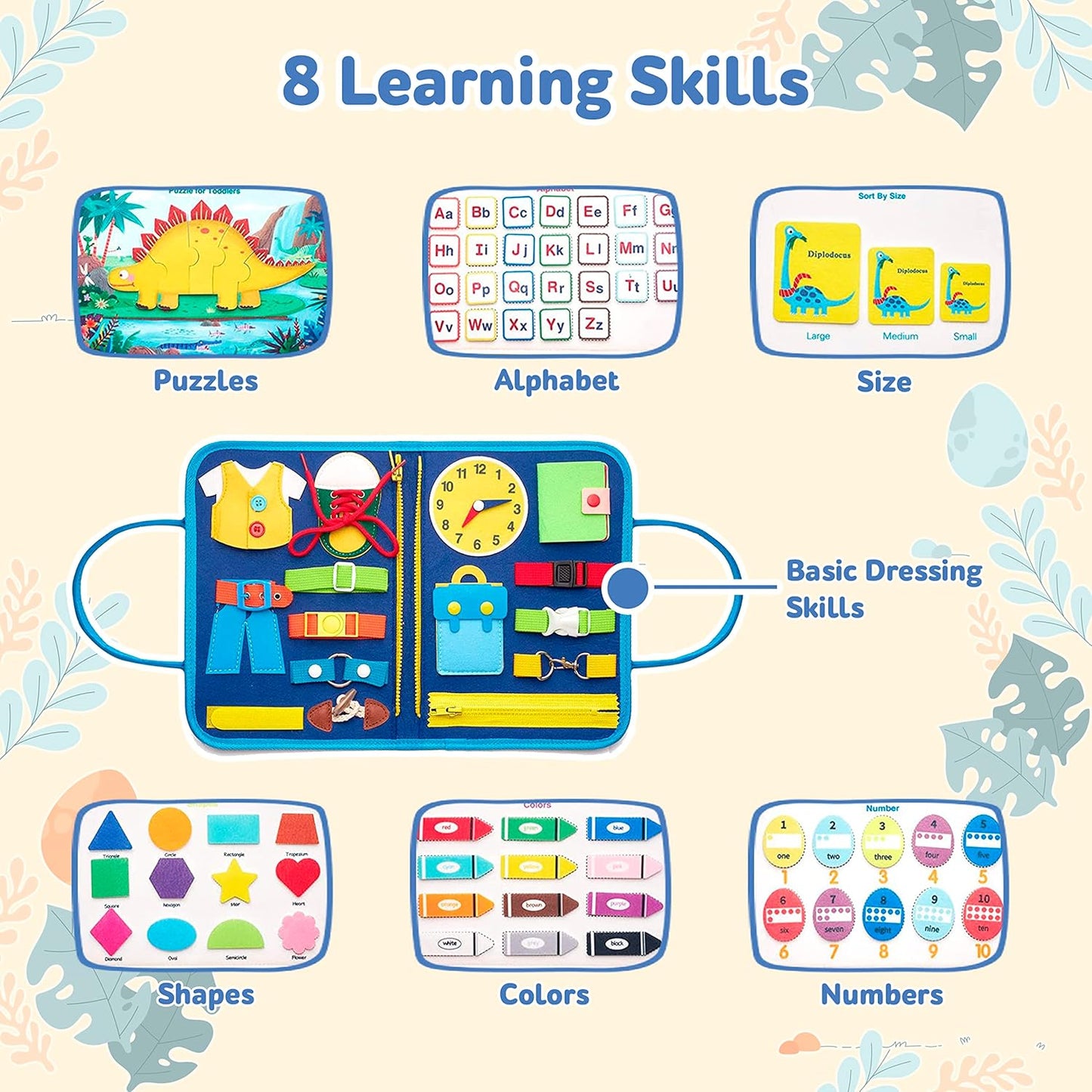 Tablero de actividades de dinosaurios 6 en 1 para niños pequeños: libro de aprendizaje sensorial con habilidades para la vida, colores, formas, interruptores y botones - CA356-4