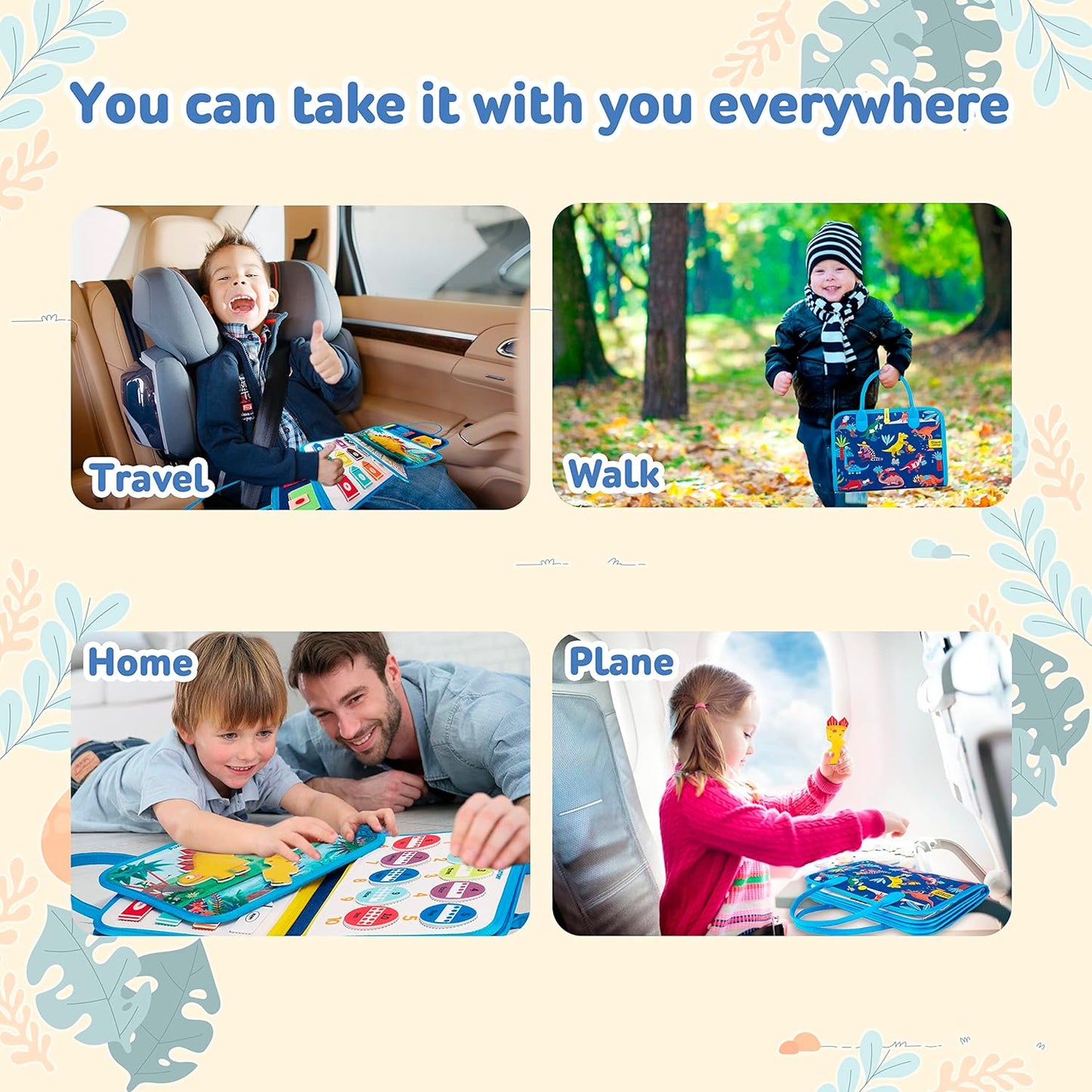 Tablero de actividades de dinosaurios 6 en 1 para niños pequeños: libro de aprendizaje sensorial con habilidades para la vida, colores, formas, interruptores y botones - CA356-4