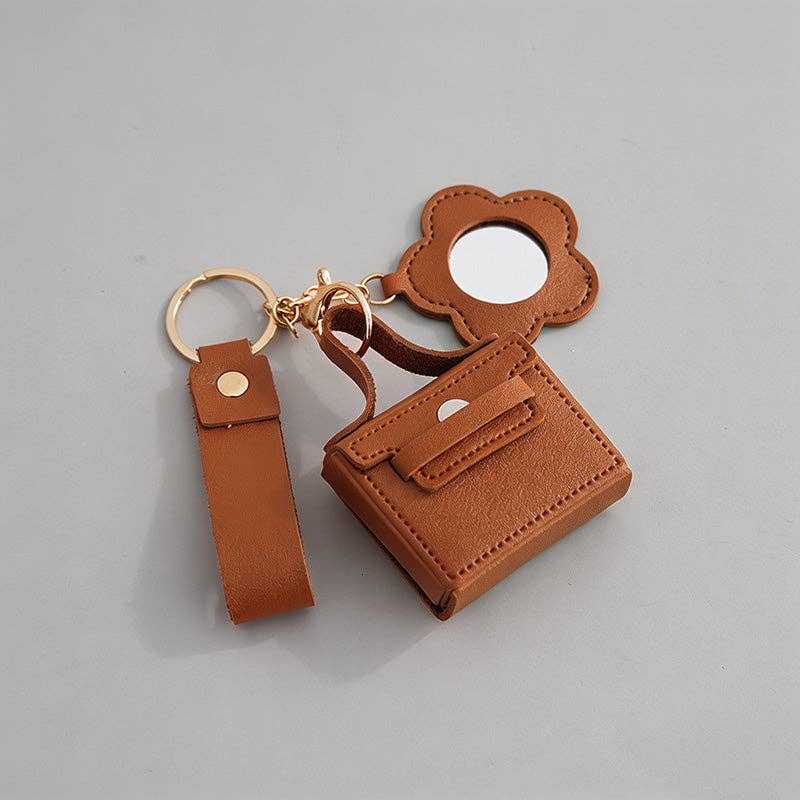 Mini Faux Leather Pouch Keychain with Flower Mirror