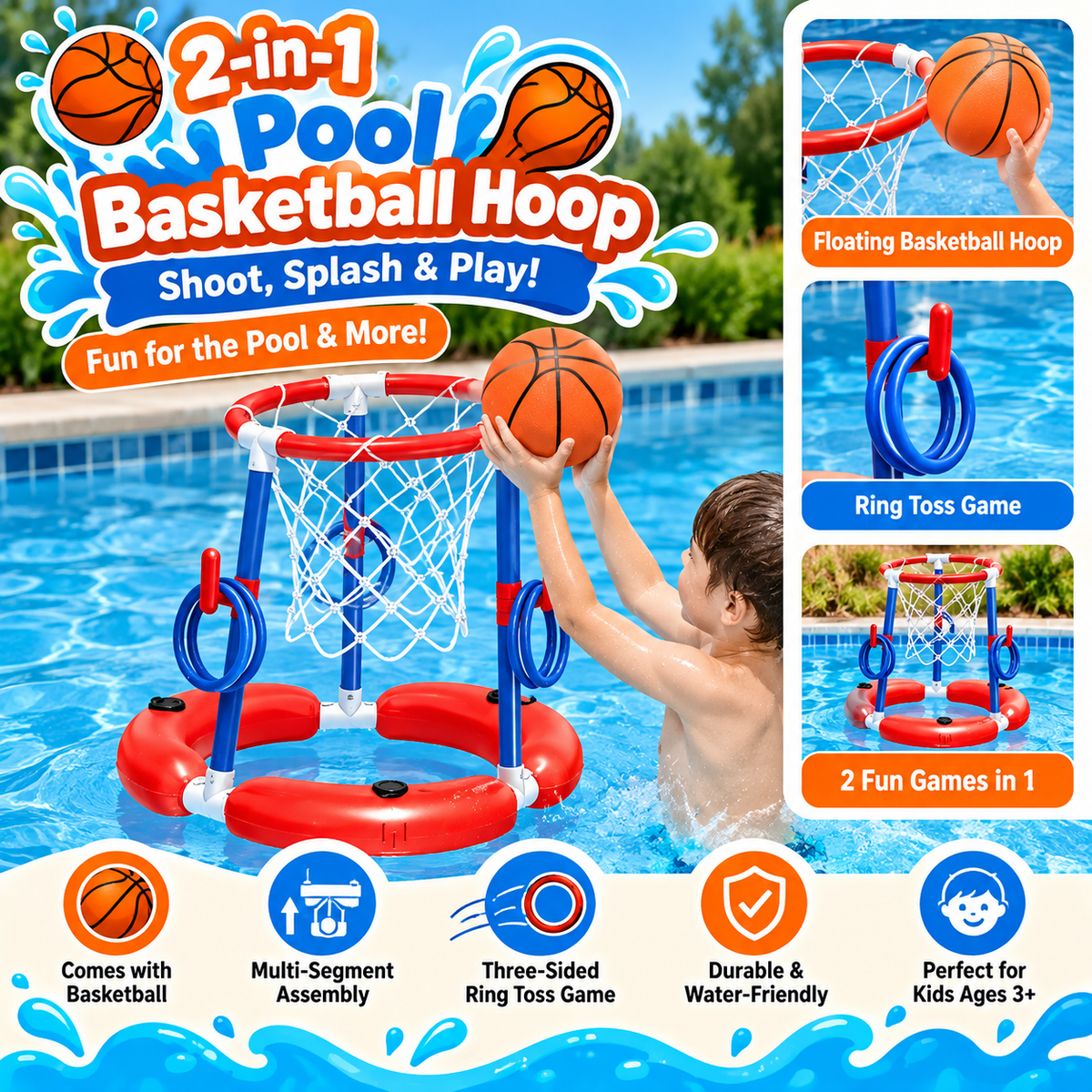 2-in-1 Pool Basketball Hoop – Splash & Score SKU: CA1162