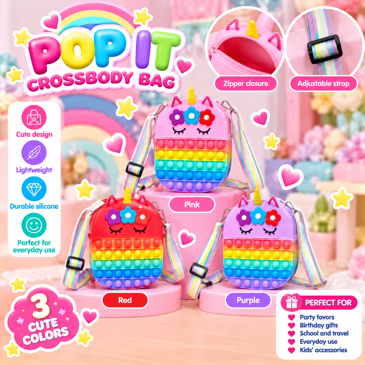 Rainbow Unicorn Pop It Crossbody Bag 🌈💕MA155