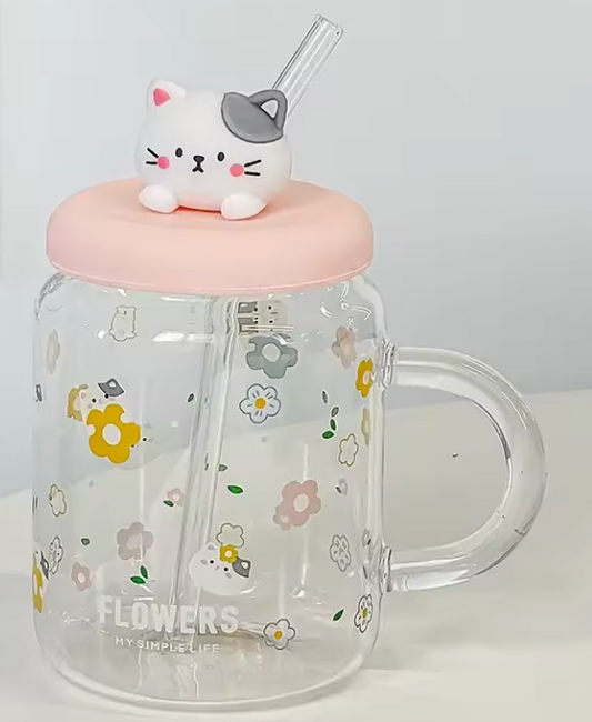 Glass Cat Mug with Straw