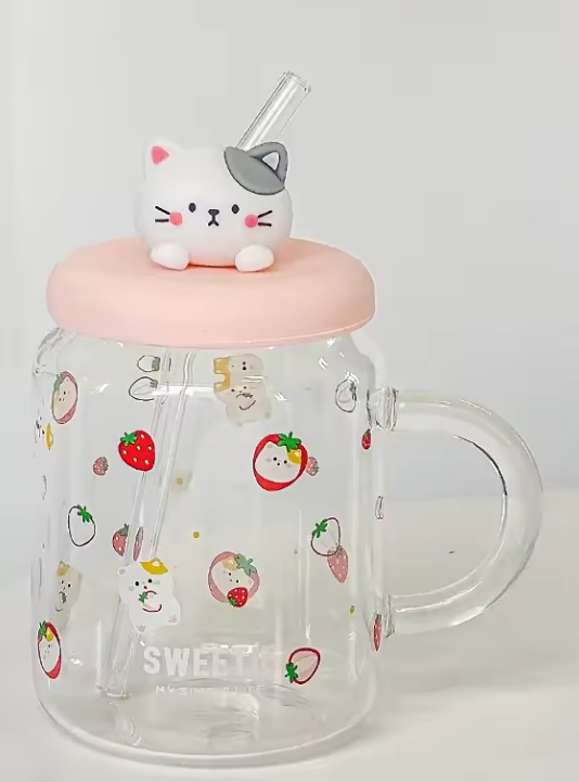 Glass Cat Mug with Straw