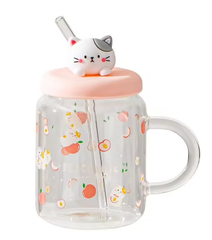 Glass Cat Mug with Straw