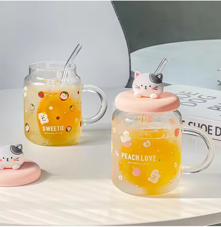 Glass Cat Mug with Straw