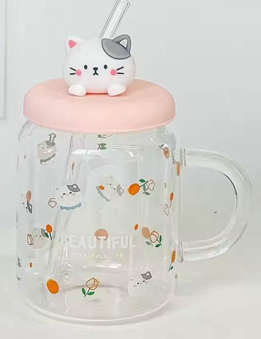 Glass Cat Mug with Straw