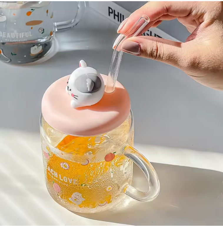 Glass Cat Mug with Straw