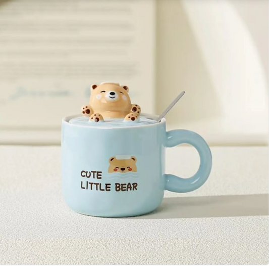 Cute Little Bear Ceramic Mug with Lid & Spoon