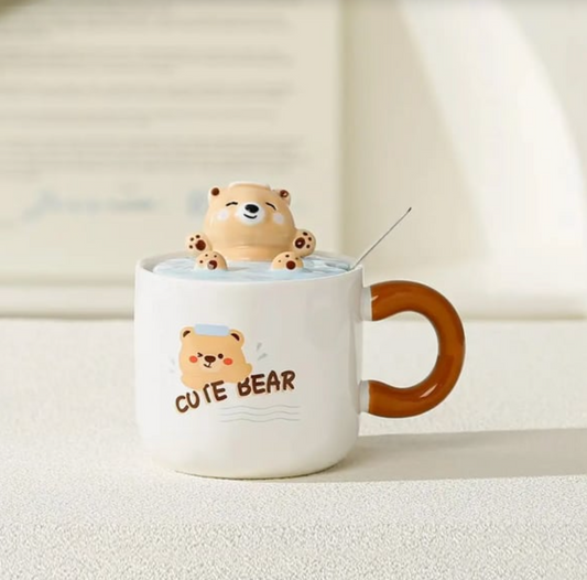 Cute Little Bear Ceramic Mug with Lid & Spoon