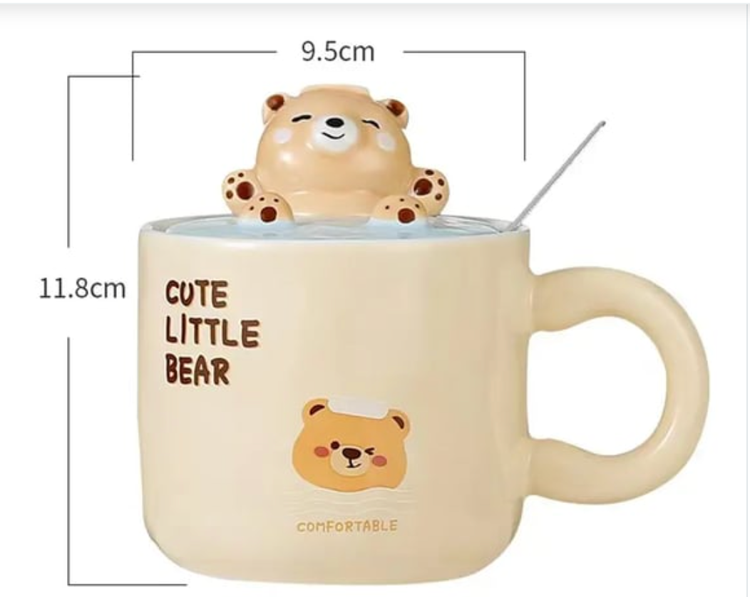 Cute Little Bear Ceramic Mug with Lid & Spoon