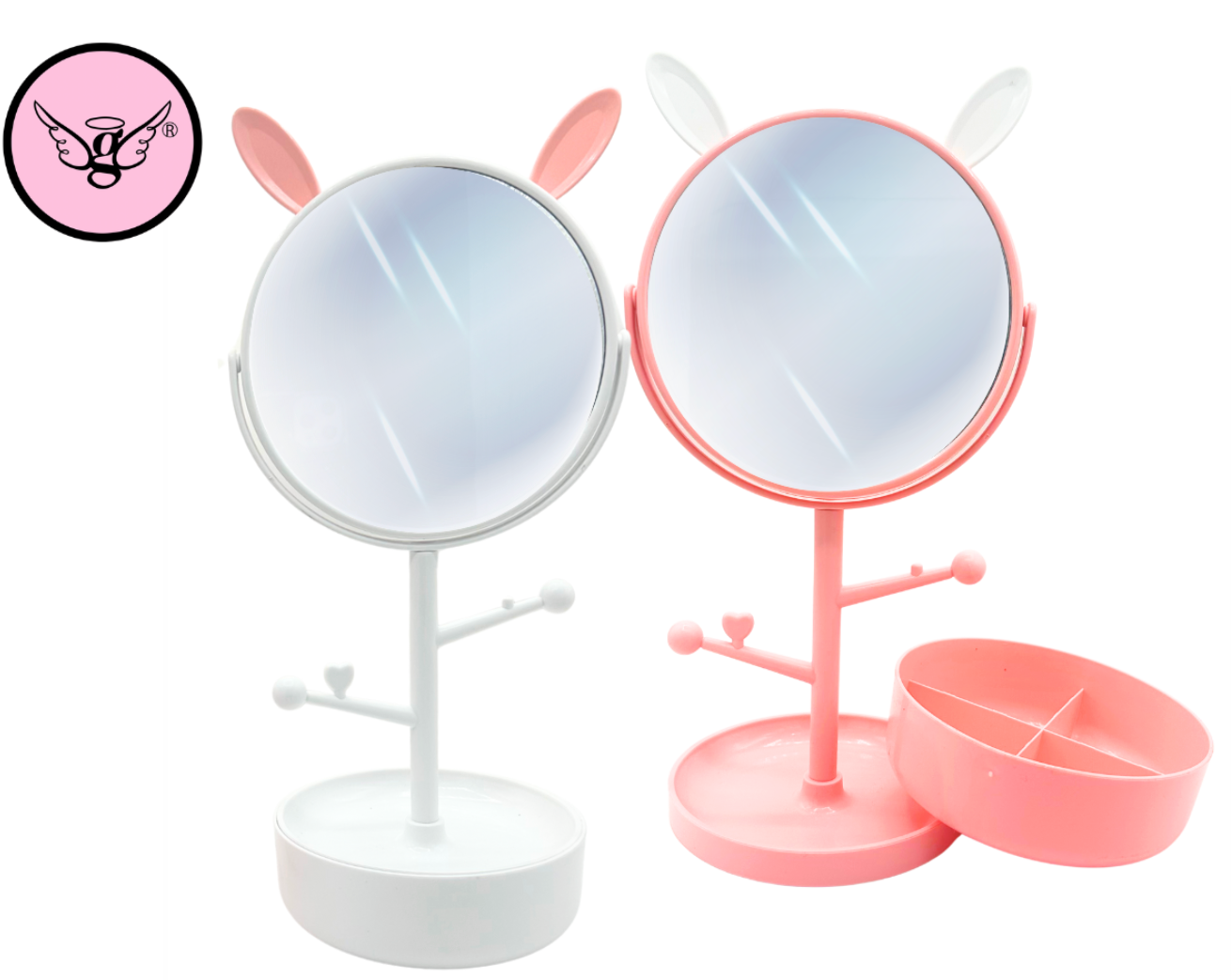 Espejo de tocador con forma de orejas de conejo y base organizadora - A05