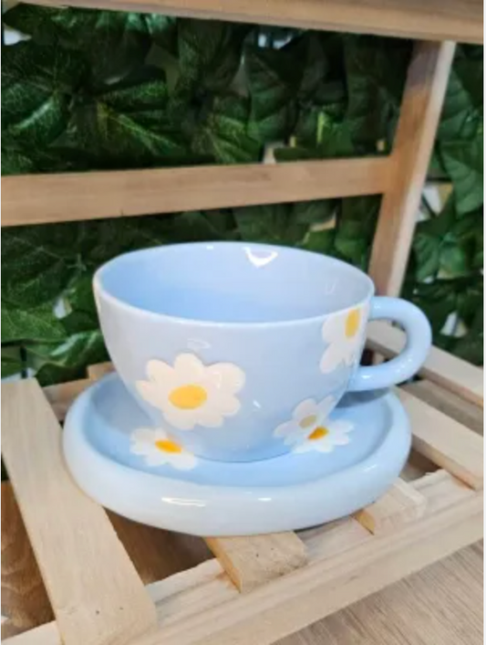Blue Daisy Ceramic Cup & Saucer Set (V1800-4)