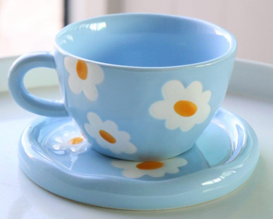 Blue Daisy Ceramic Cup & Saucer Set (V1800-4)