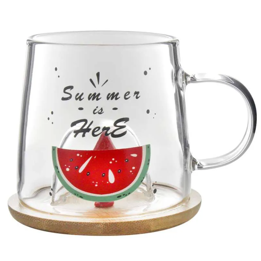 Watermelon Glass Cup with Bamboo Lid (M-003)