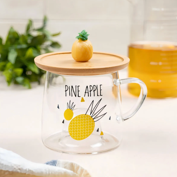 Pineapple Glass Cup With Bamboo Lid (M-002)