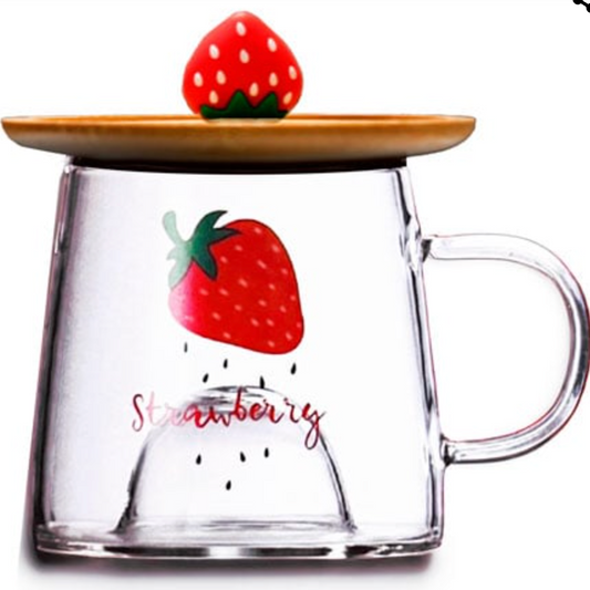 Strawberry Dream Glass Cup – with Wooden Lid (M-001)