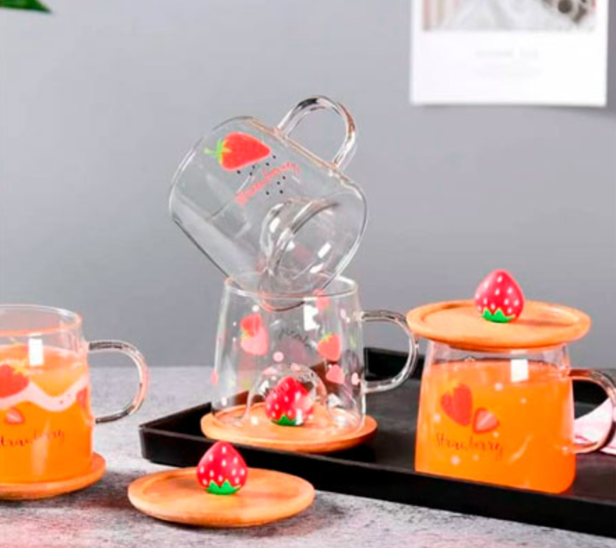Strawberry Dream Glass Cup – with Wooden Lid (M-001)