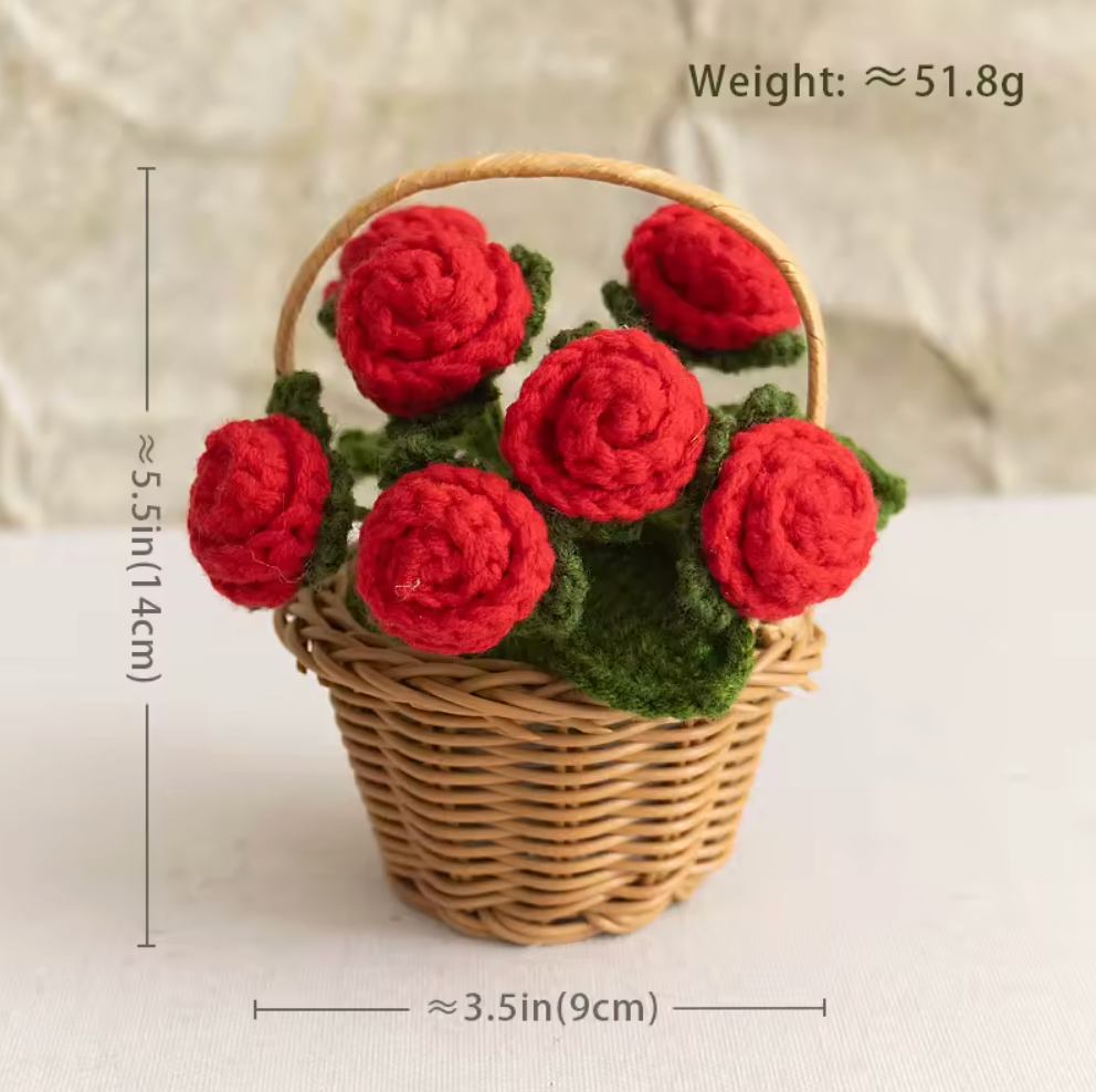 Handmade Crochet Rose Basket – Faux Potted Flower Decor – CA475 🌹