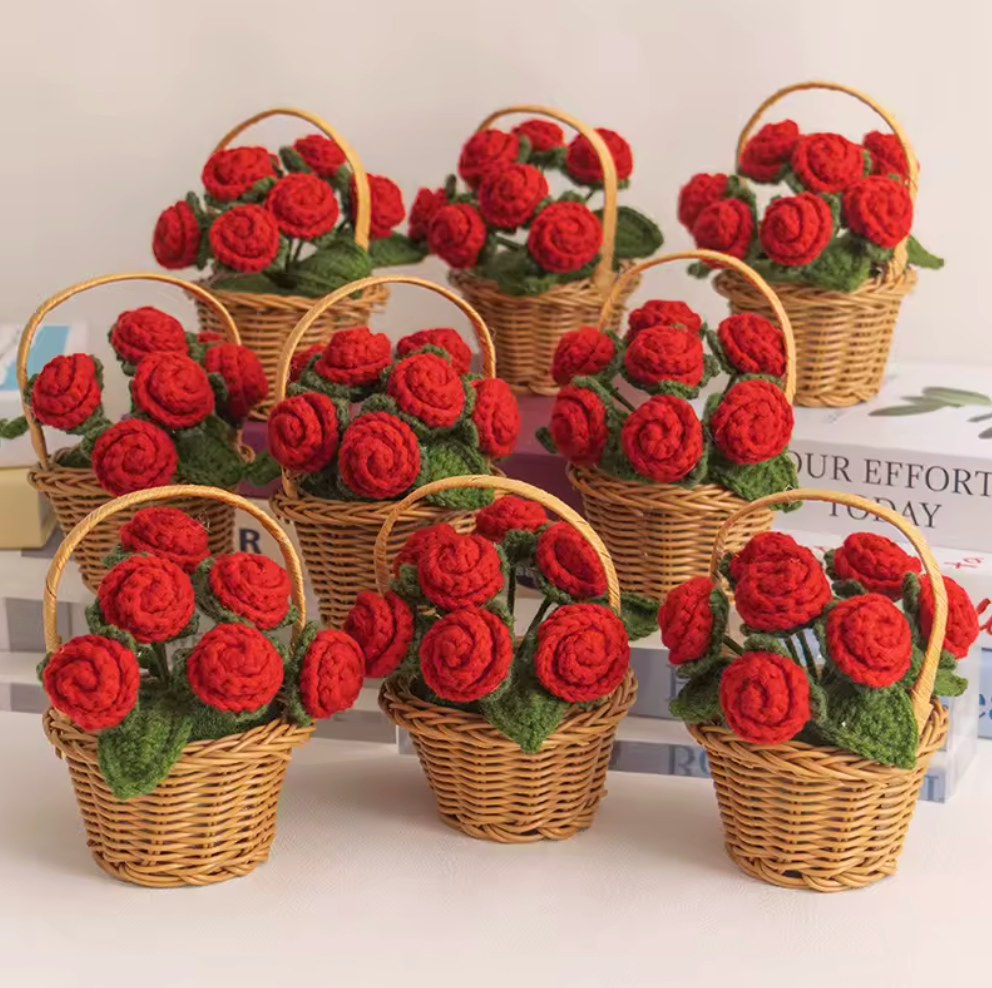 Handmade Crochet Rose Basket – Faux Potted Flower Decor – CA475 🌹