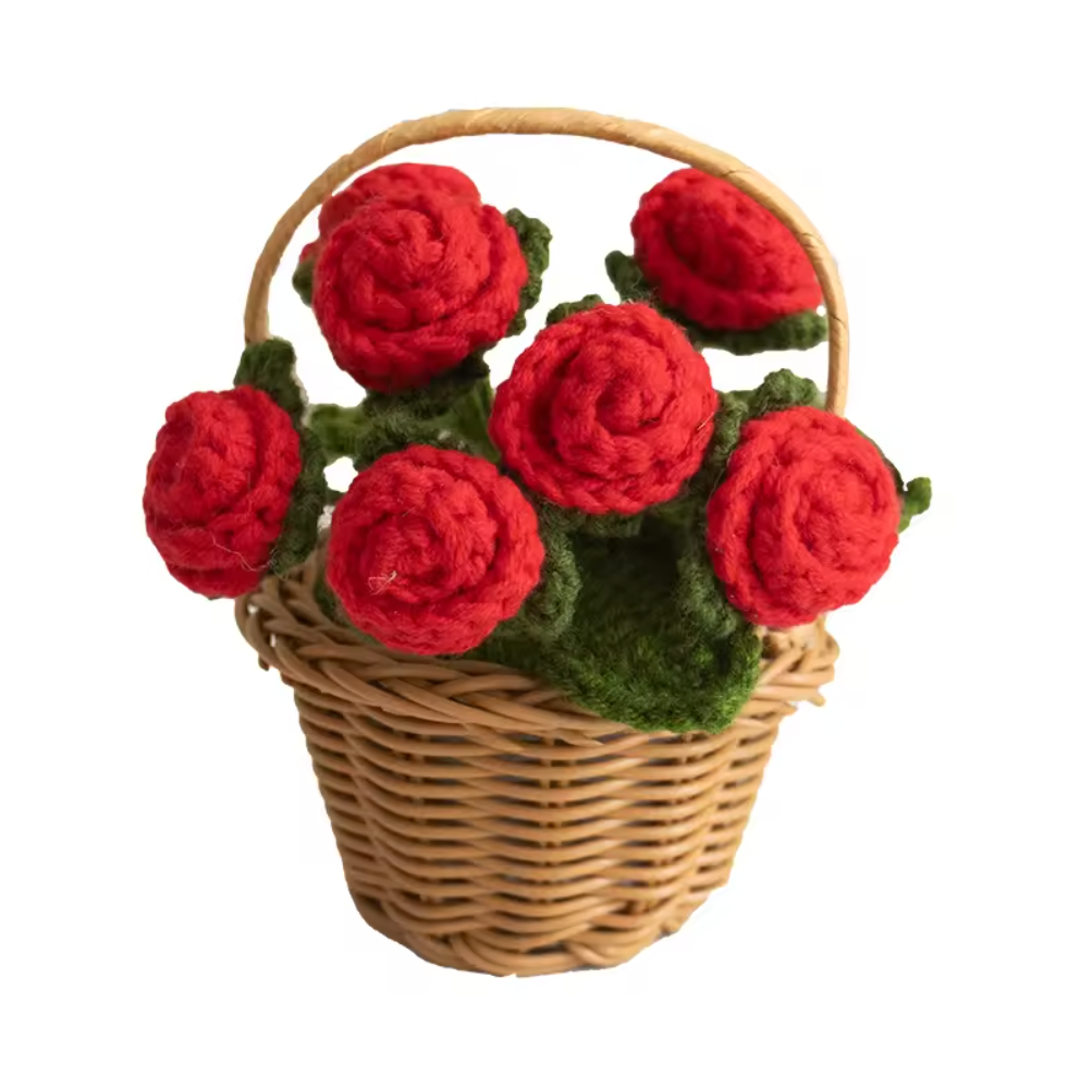 Handmade Crochet Rose Basket – Faux Potted Flower Decor – CA475 🌹