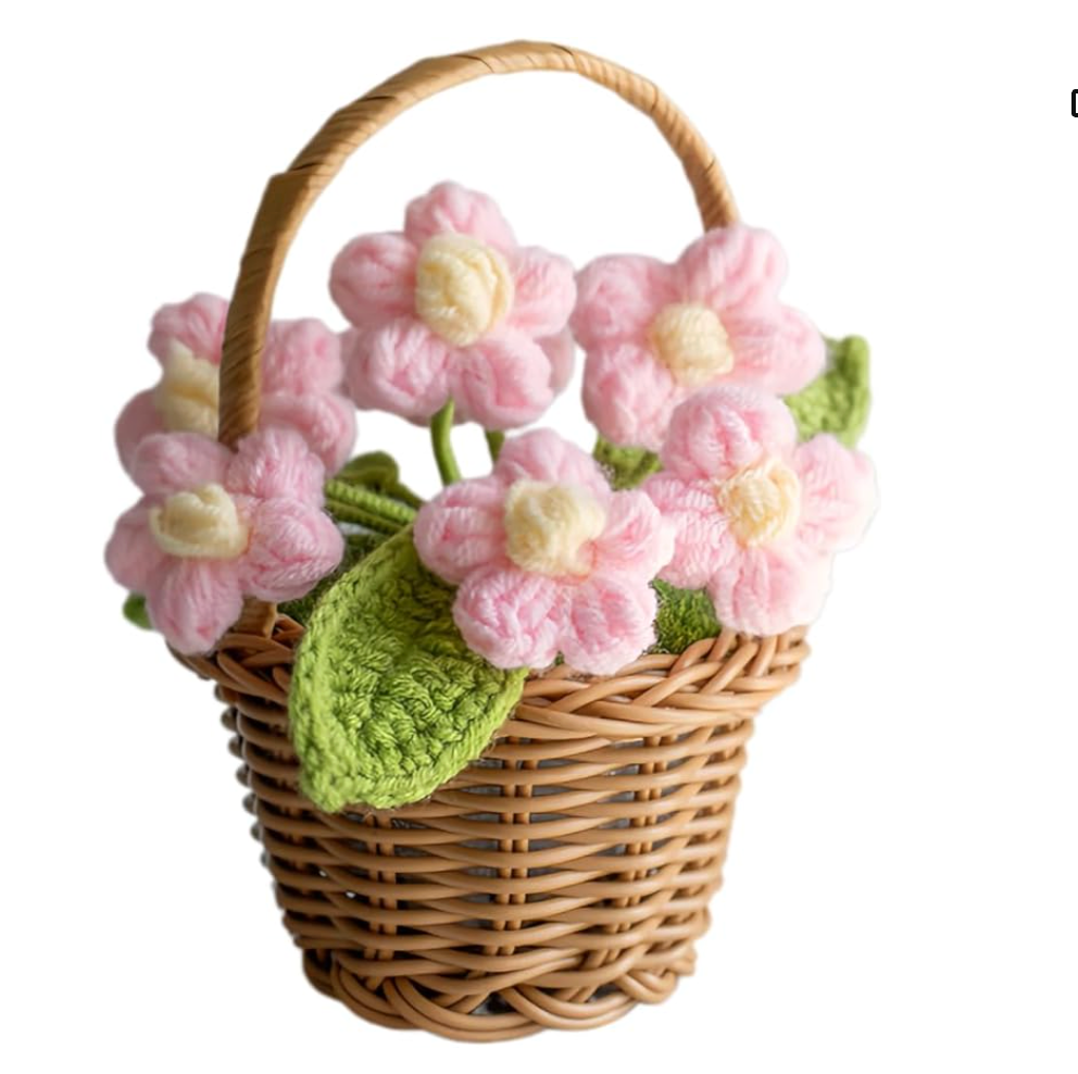 Handmade Crochet Rose Basket – Faux Potted Flower Decor 🌹CA476