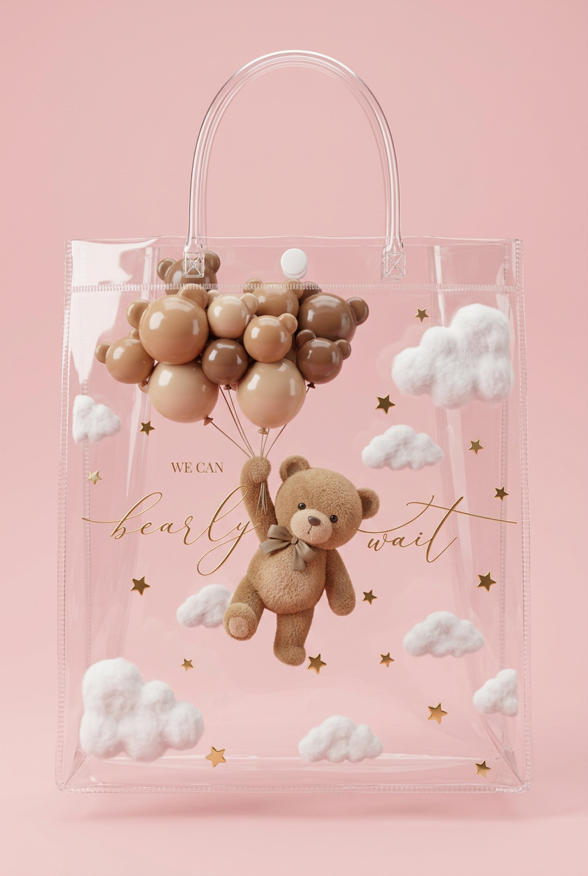 Clear PVC Gift Bag with Teddy Bear & Clouds Design