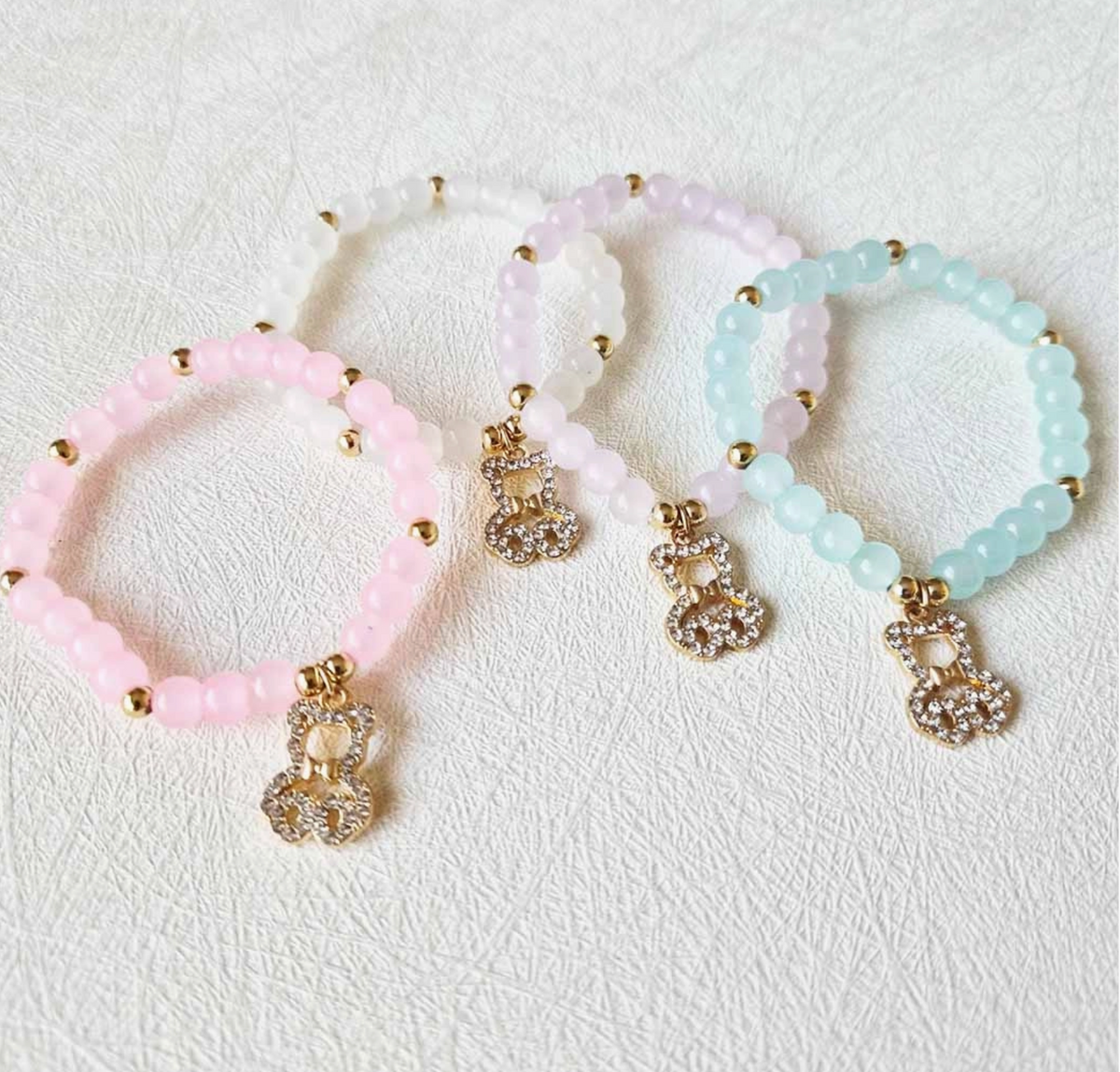 Flower or Bear Charm Crystal Bead Stretch Bracelet – 4 Assorted Colors